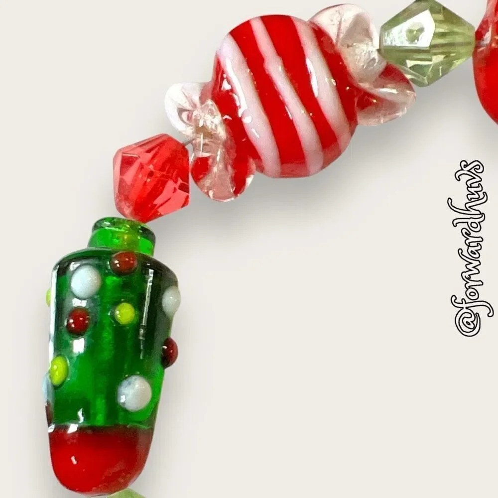 Glass Santa, Tree & Candy Beads On Adjustable Silver Tone Chain Bracelet